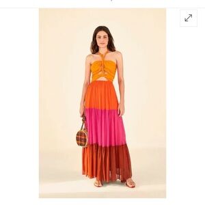 FARM Rio Party Time Colorblock Tiered Halter Maxi Dress